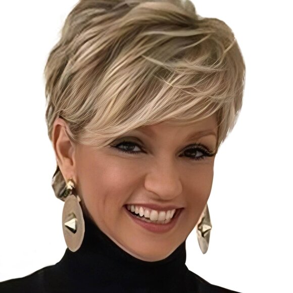 QUEENTAS Pixie Layered Short Blonde Wig Synthetic Hair (Mixed Blonde/Brown_ - Picture 1 of 1